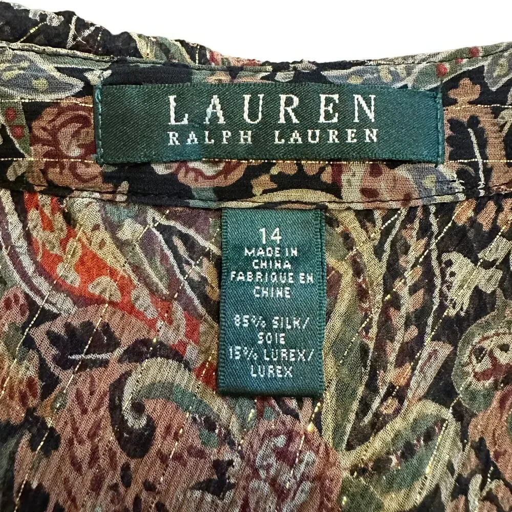 Ralph Lauren Womens metallic paisley ruffle tank blouse Size 14